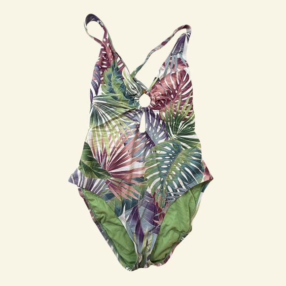 BLEU ROD BEATTIE Tropical Palm Print One Piece Swimsuit Racer Back Size 10 - Picture 2 of 7